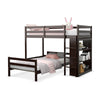 Twin over twin loft bunk bed in dark brown with a 4-layer bookcase, perfect for space-saving in small rooms.