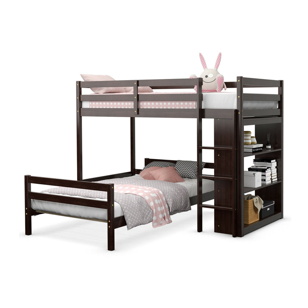 Twin over twin loft bunk bed in dark brown with a 4-layer bookcase, perfect for space-saving in small rooms.