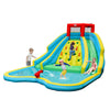 Double side inflatable water slide park with climbing wall, splash pool, and sprayers for outdoor summer fun.