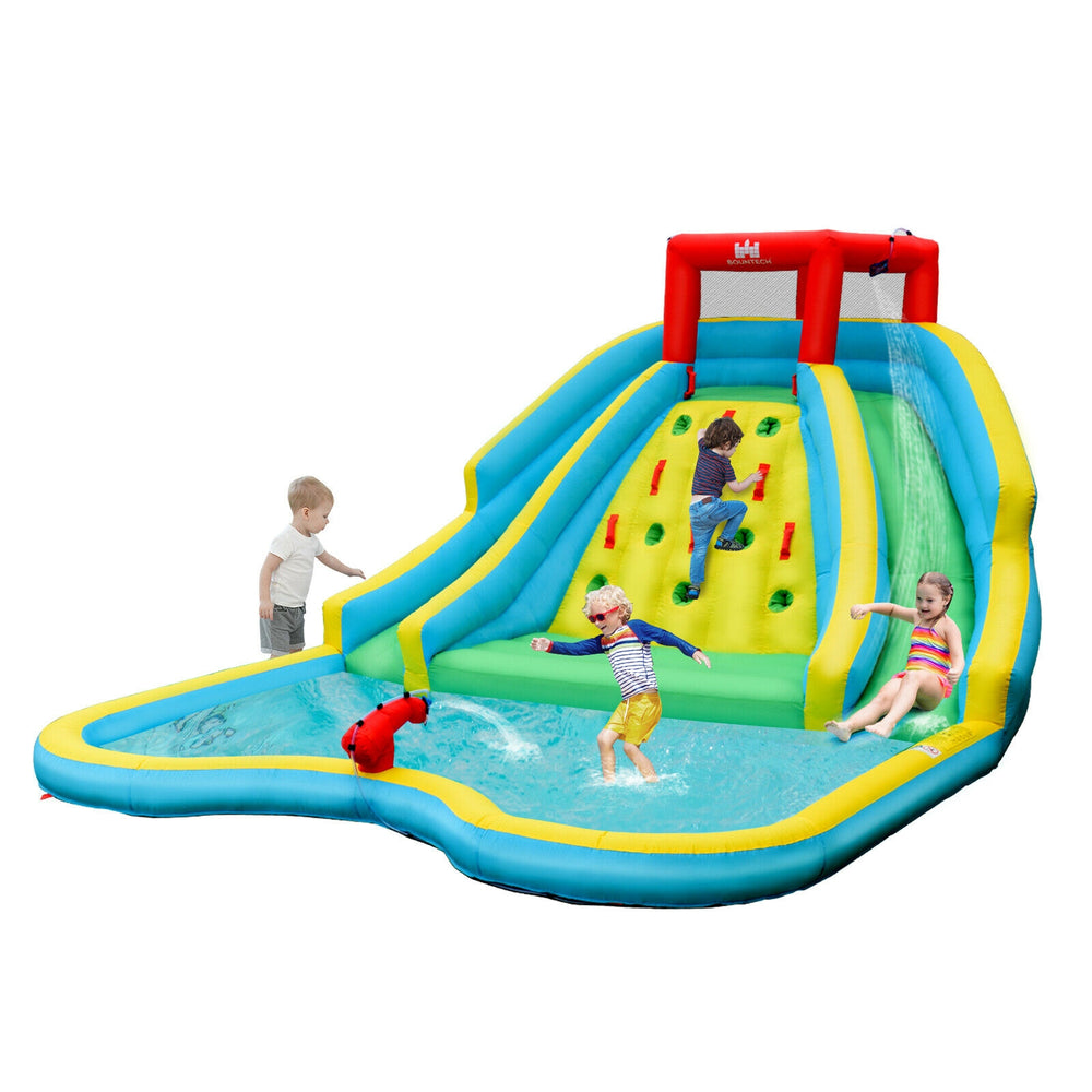 Double side inflatable water slide park with climbing wall, splash pool, and sprayers for outdoor summer fun.