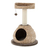 Hand-made 28-inch cat tree tower with water hyacinth, sisal post, and plush cushions for playful relaxation.