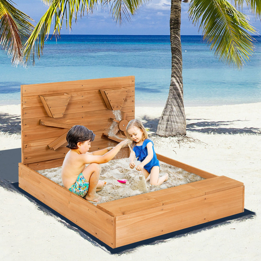 Kids wooden square sandbox with cover, made of solid cedar, featuring seating and sand walls for outdoor play.