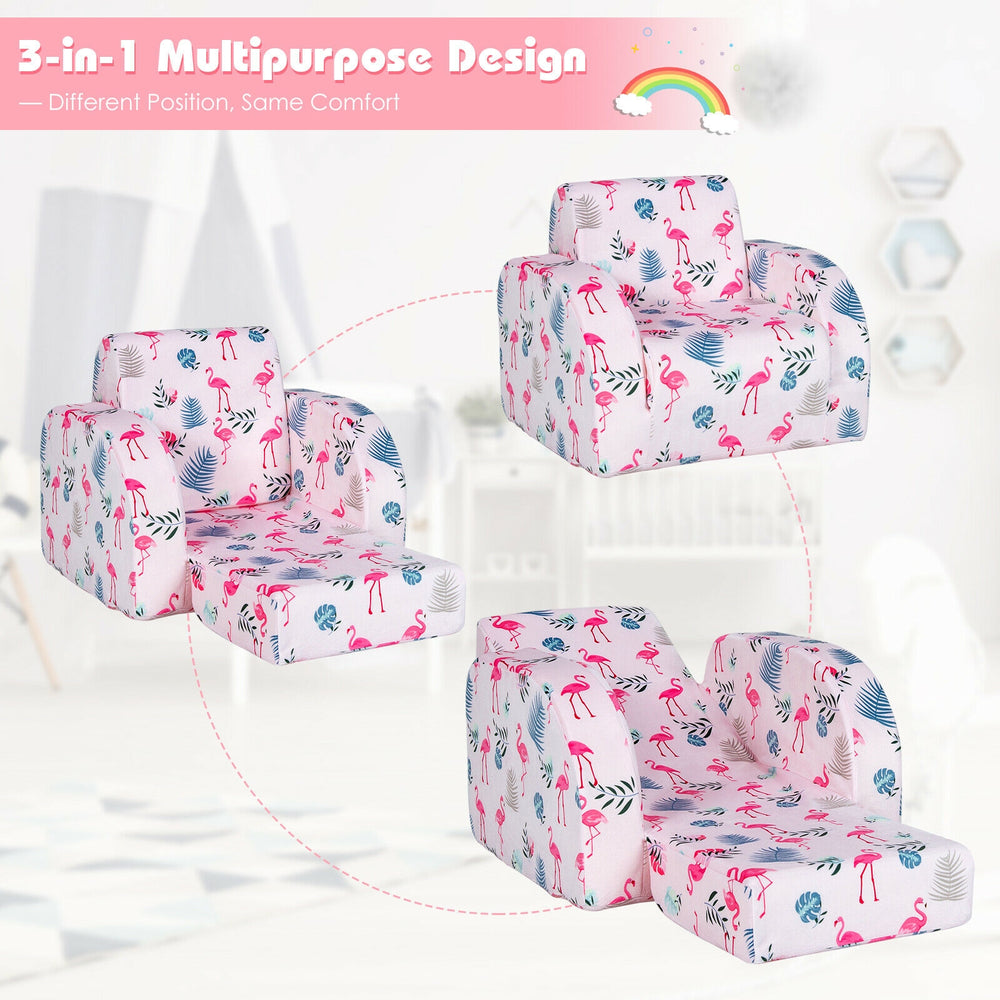 3-in-1 convertible kids sofa bed in pink with flamingo patterns, designed for lounging, reading, and playing.