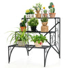 3-tier black metal plant stand with widened grid shelves, perfect for displaying plants indoors or outdoors.