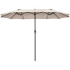 Double-sided 15 feet patio umbrella in beige with hand-crank system for easy opening, ideal for outdoor shading.