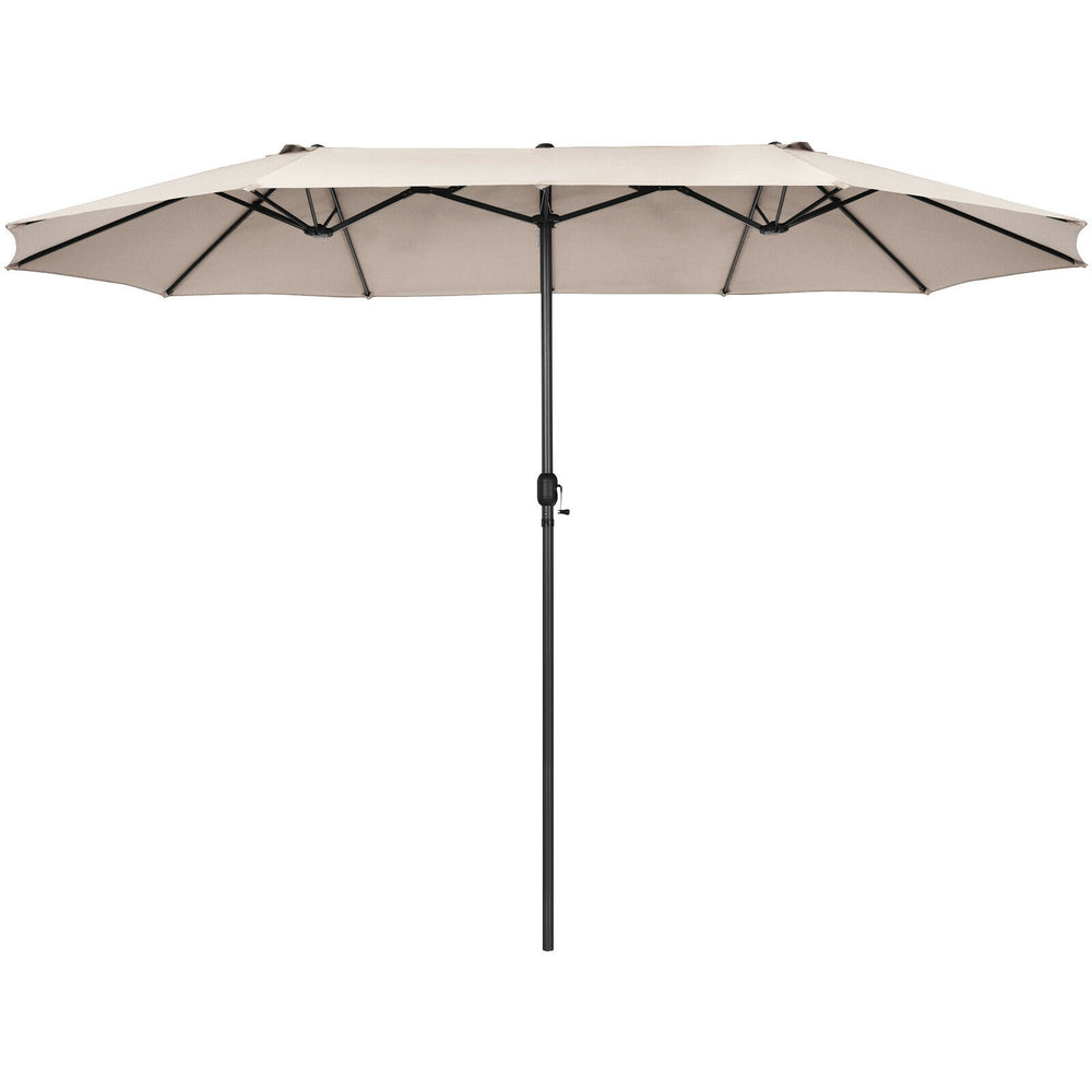 Double-sided 15 feet patio umbrella in beige with hand-crank system for easy opening, ideal for outdoor shading.