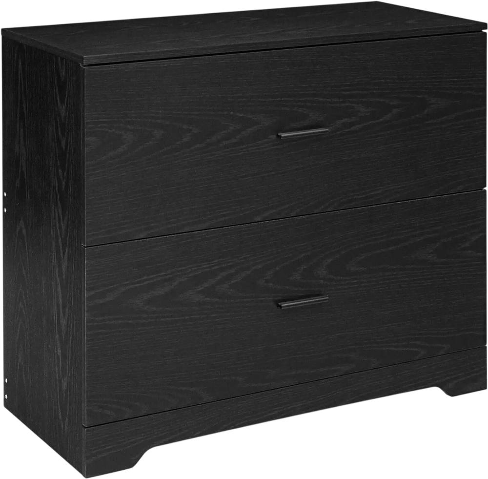 Black 2-drawer lateral file cabinet with adjustable bars, smooth handles, and steel runners for home or office.
