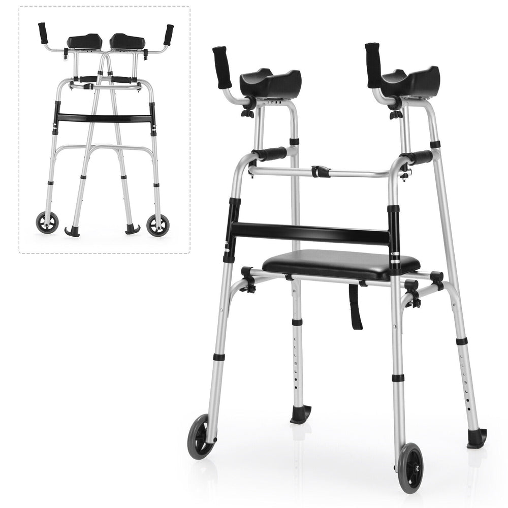 Height adjustable rollator walker with seat and armrest pad, aluminum frame, foldable design, suitable for various.