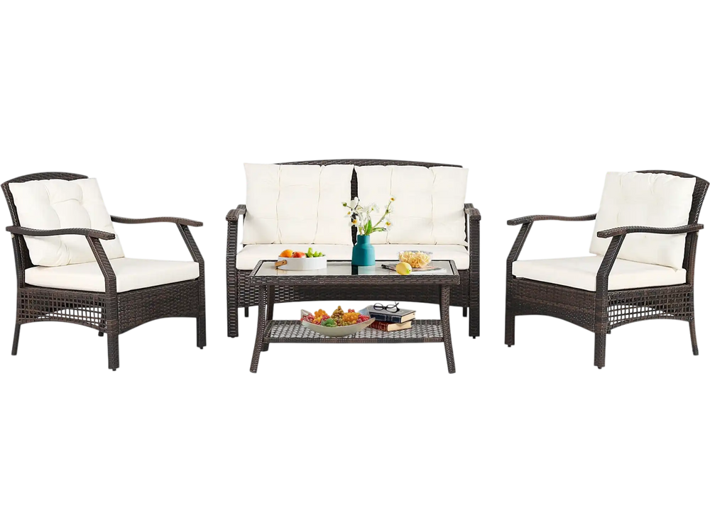 4 Pieces Outdoor Rattan Conversation Set with Protective Cover