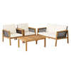 4-piece patio furniture set featuring acacia wood and white removable cushions, perfect for outdoor relaxation.