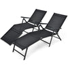 Two black foldable chaise lounge chairs with adjustable backrest and footrest, perfect for outdoor relaxation.