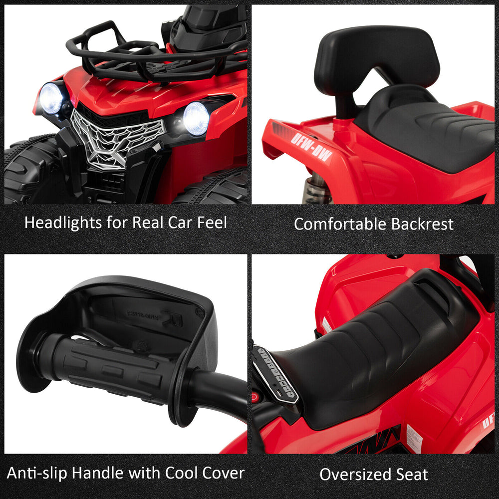 Close-up of the 12V Kids Ride On ATV showing oversized seat, comfortable backrest, and anti-slip handle for safety.