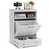 Pet feeder station in white with stainless steel bowls, storage cabinet, and open shelf for pet supplies and decor.