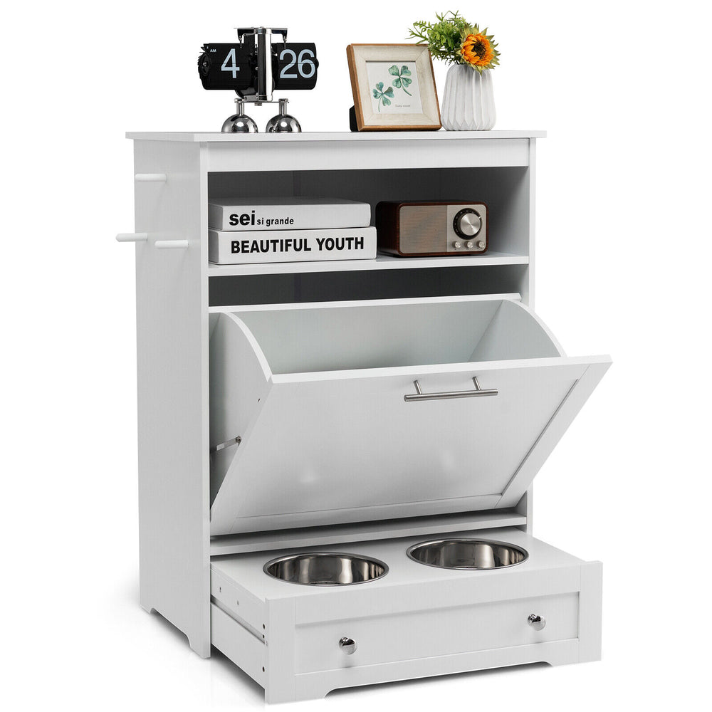 Pet feeder station in white with stainless steel bowls, storage cabinet, and open shelf for pet supplies and decor.