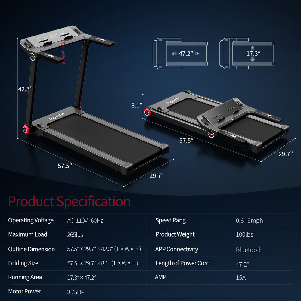 Folding treadmill with 3.75HP motor, LCD display, and Bluetooth, ideal for home workouts and easy storage.