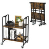 Folding rolling cart with metal frame, 2-tier design, rustic wood finish, ideal for kitchen or living room organization.