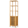 Slim bamboo floor storage cabinet with four shelves and shutter door, ideal for compact bathroom organization.