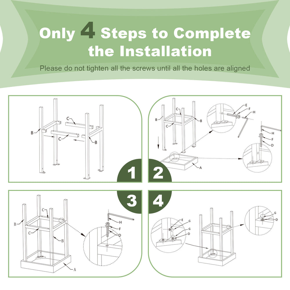 Installation guide for 2 pieces brown patio rattan wicker bar stools, showing steps 1 to 4 for assembly.