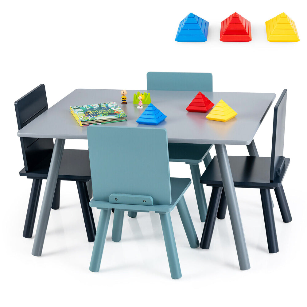 Kids wooden activity play furniture set with blue chairs and large tabletop, ideal for creative play and homework.