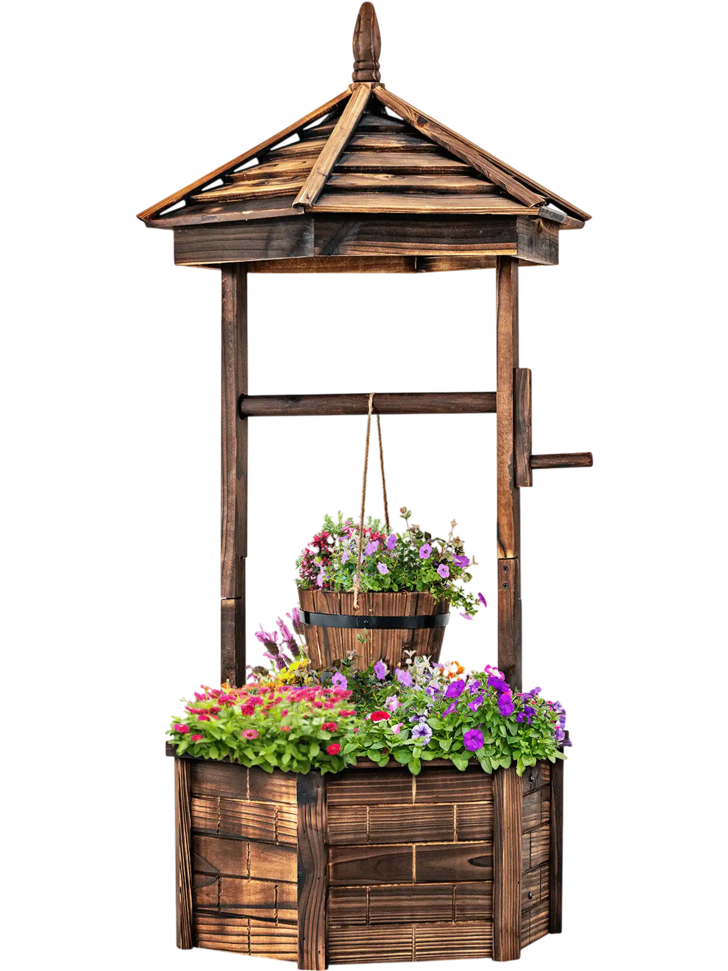 Costway Rustic Wooden Wishing Well Planter Adjustable Hanging Bucket 29465870 New