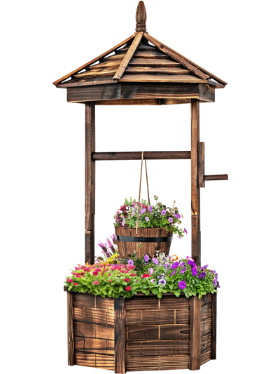 Costway Rustic Wooden Wishing Well Planter Adjustable Hanging Bucket 29465870 New