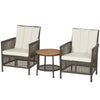 Two cushioned rattan chairs with a wood tabletop, perfect for outdoor relaxation in a patio setting.