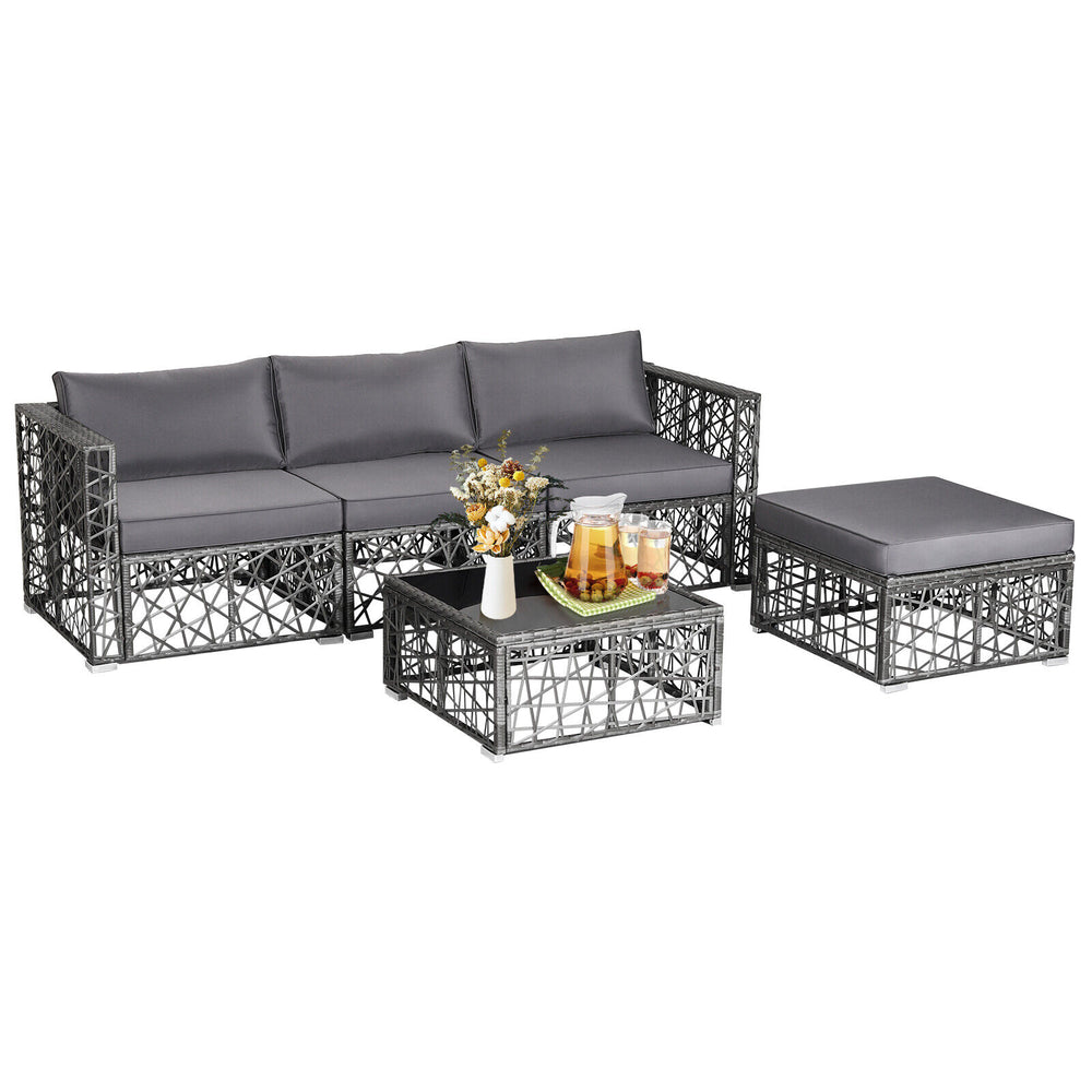 5-piece patio PE rattan wicker sofa set in gray with soft cushions and tempered glass coffee table for outdoor comfort.