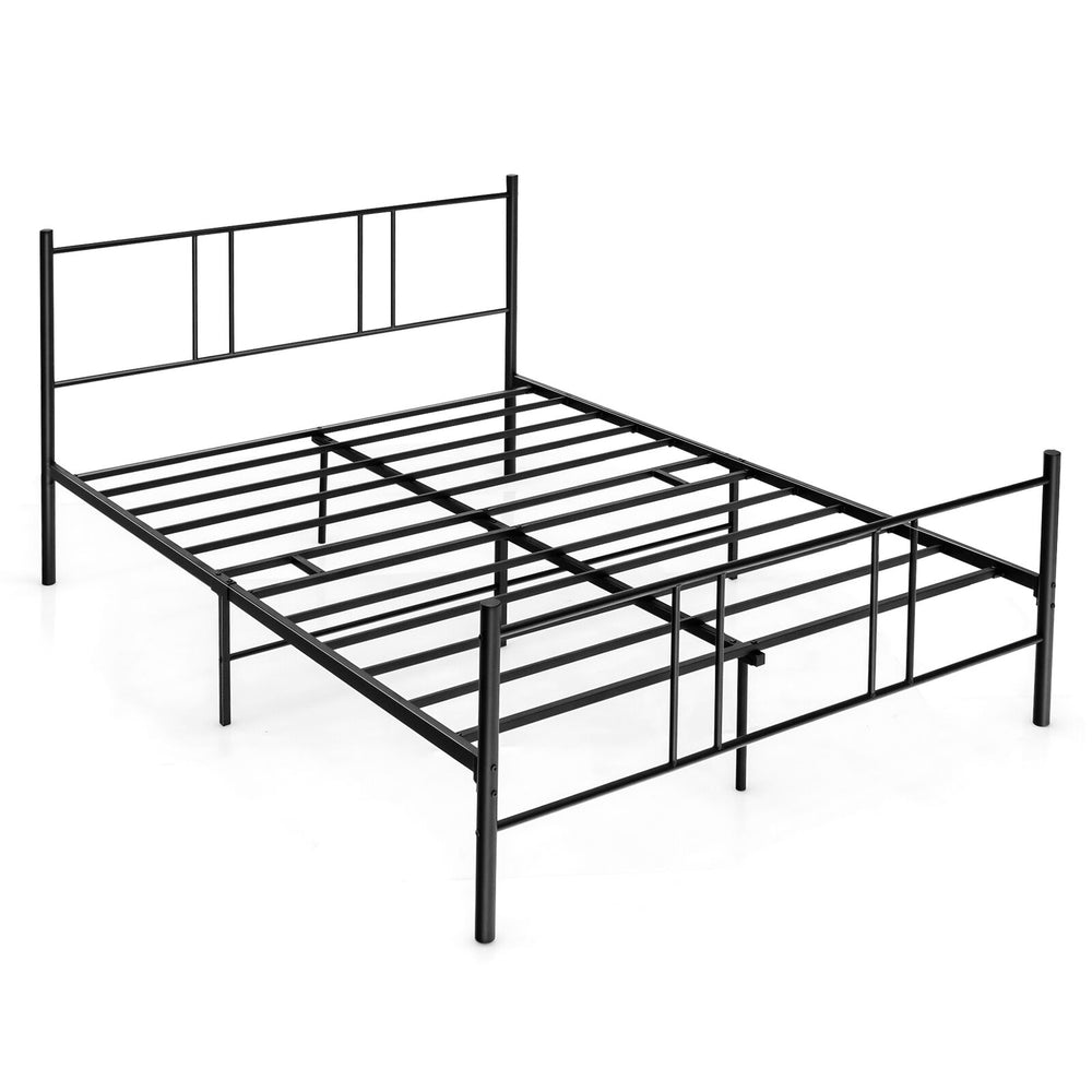 Full/Queen size platform bed frame in black steel with high headboard, sturdy design, and anti-slip pads for floor.