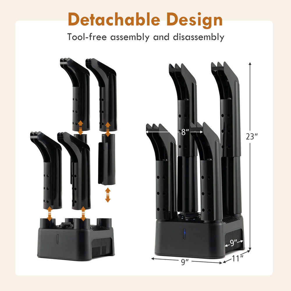 Detachable 4-shoe electric dryer with timer, featuring anti-blocking tubes and compact design for easy assembly.