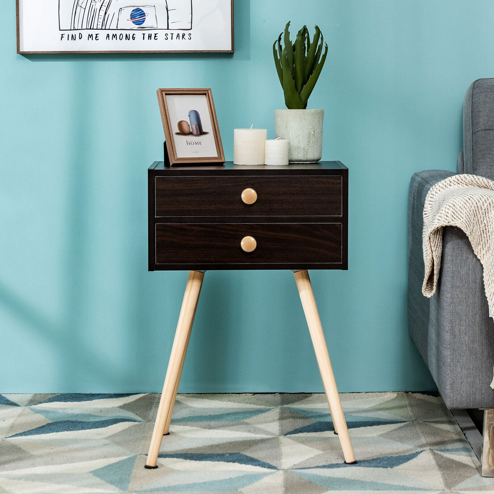 Mid Century Modern nightstand with two drawers in natural-coffee finish, ideal for bedroom or living room use.