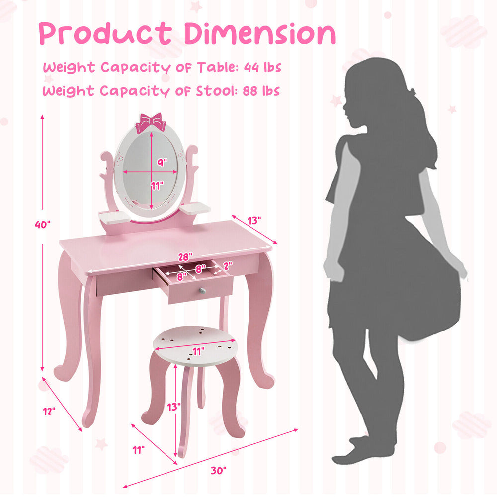 Kid vanity table and stool set in pink with oval rotatable mirror, featuring spacious storage and durable MDF.