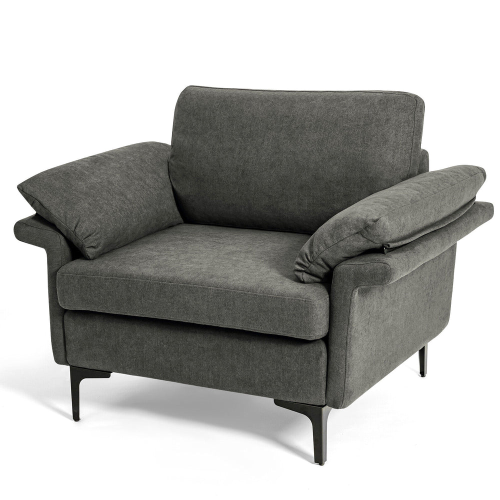 Gray modern fabric accent armchair showcasing a thickly padded seat and sloped backrest for enhanced comfort and style.