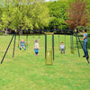 A-shaped outdoor swing set featuring gym rings, slide, and swings, ideal for backyard fun for kids aged 3-10 years.