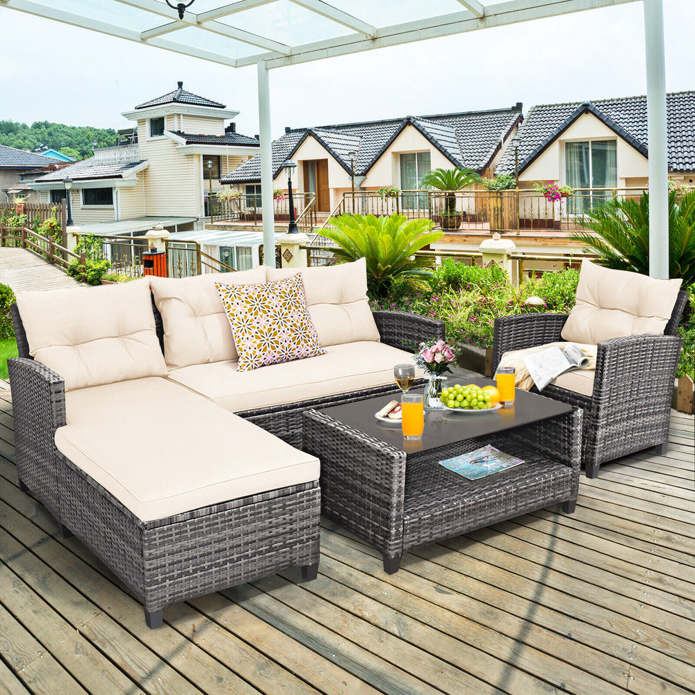 4 Pieces Patio Rattan Furniture Set with Cushion and Table Shelf-Off White - Gallery View 1 of 12