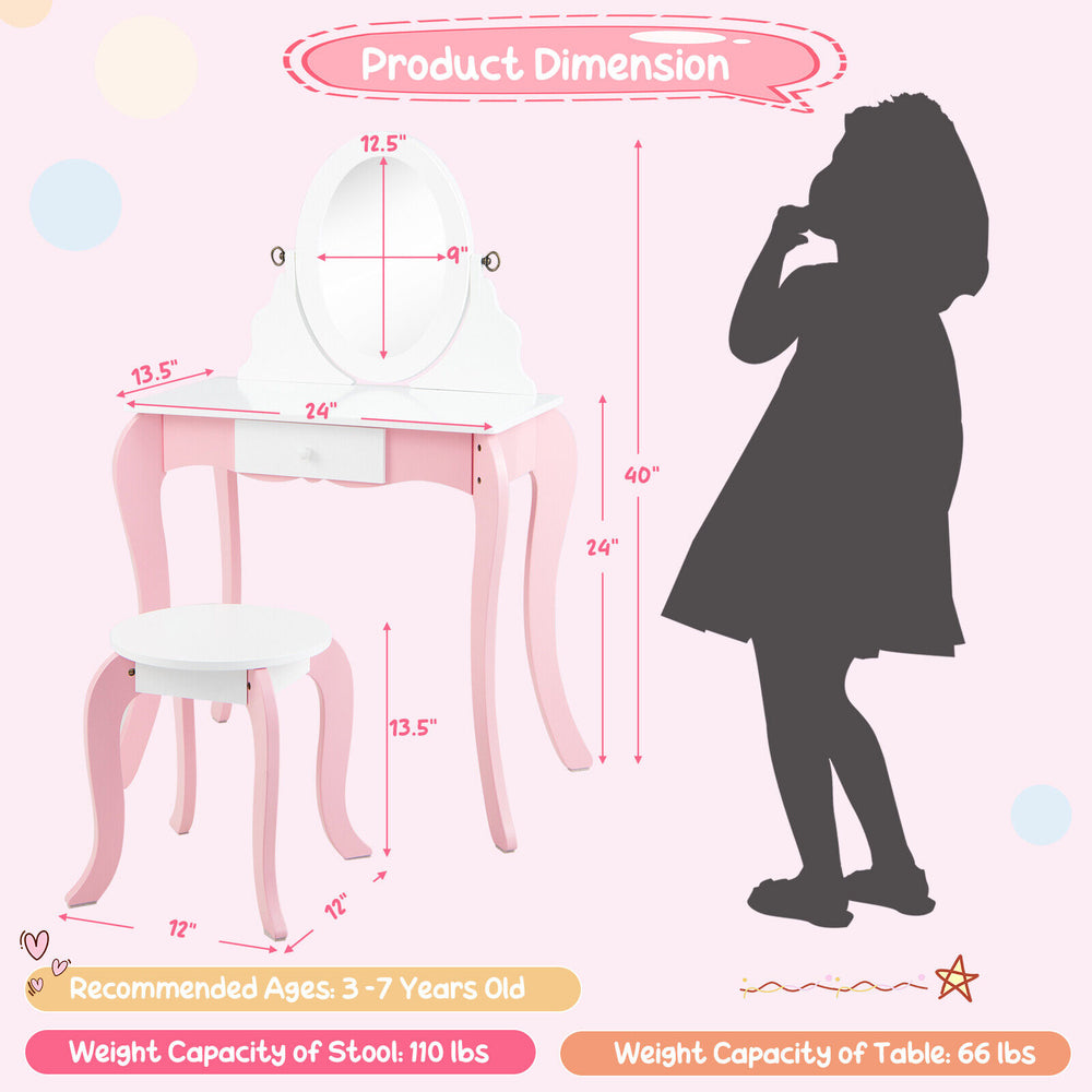 Kids vanity set with 360° rotatable mirror, pink finish, and detachable top for ages 3-7, featuring safe rounded.