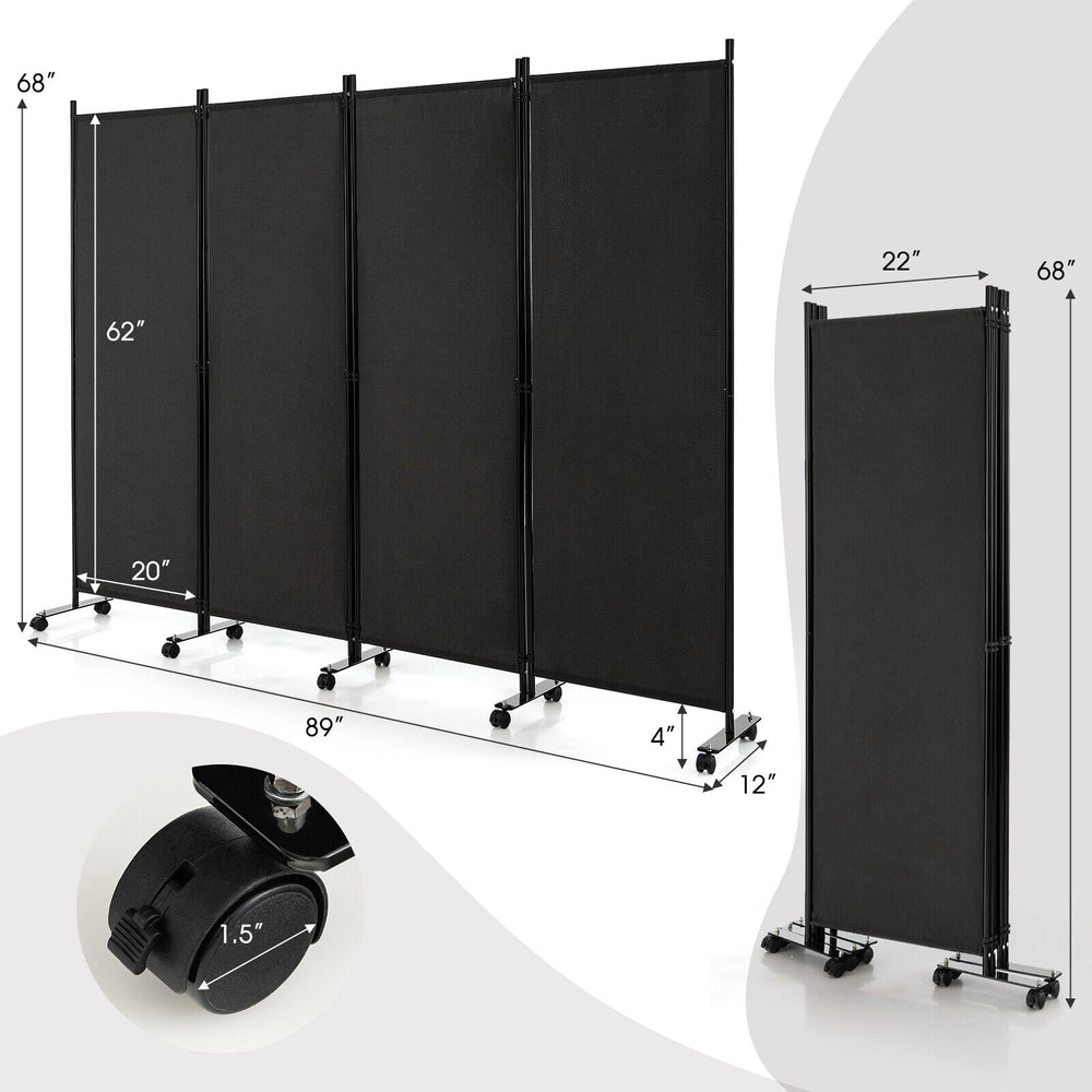 4-panel folding room divider in black with lockable wheels, 68 inches tall, ideal for home or office privacy.