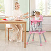 Convertible baby high chair in pink with adjustable tray, used for feeding, playtime, and easy cleaning.