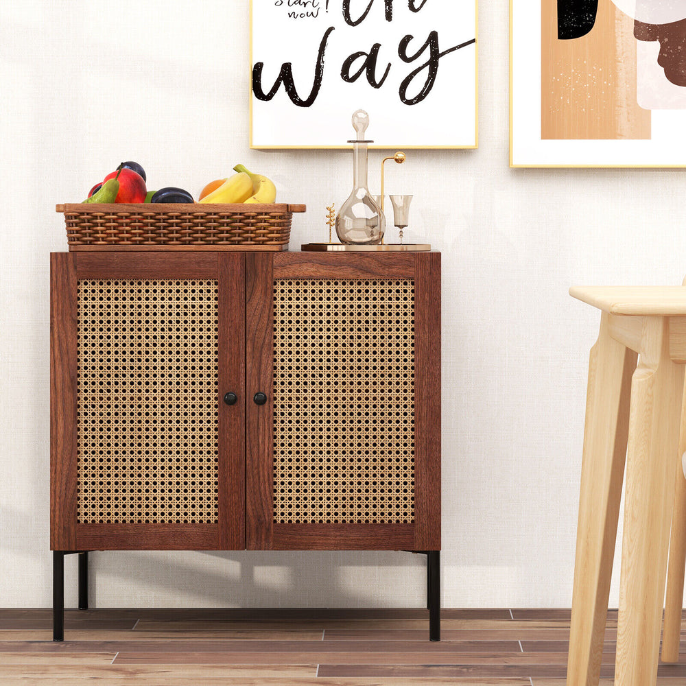Walnut kitchen sideboard with 2 rattan doors, adjustable shelf, and metal legs, ideal for dining or entryway storage.