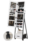 Jewelry cabinet with full-length mirror, white MDF, large storage, and lockable wheels for easy mobility and.