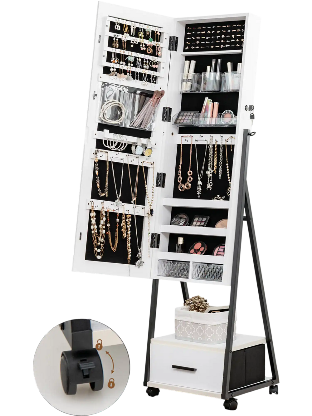 Jewelry cabinet with full-length mirror, white MDF, large storage, and lockable wheels for easy mobility and.