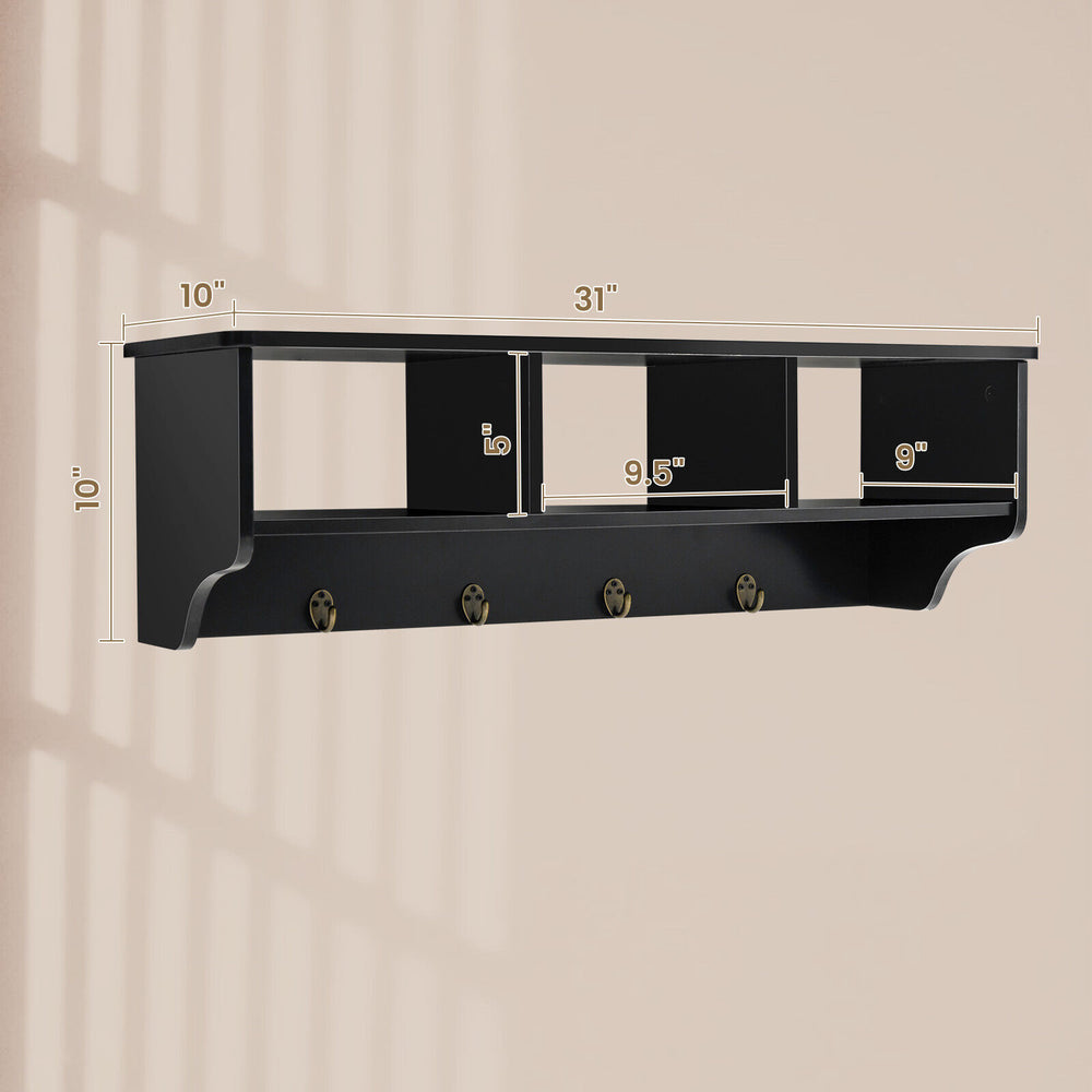 Wall mount black cubby organizer shelf with 4 hooks, ideal for entryway storage and space-saving solutions.