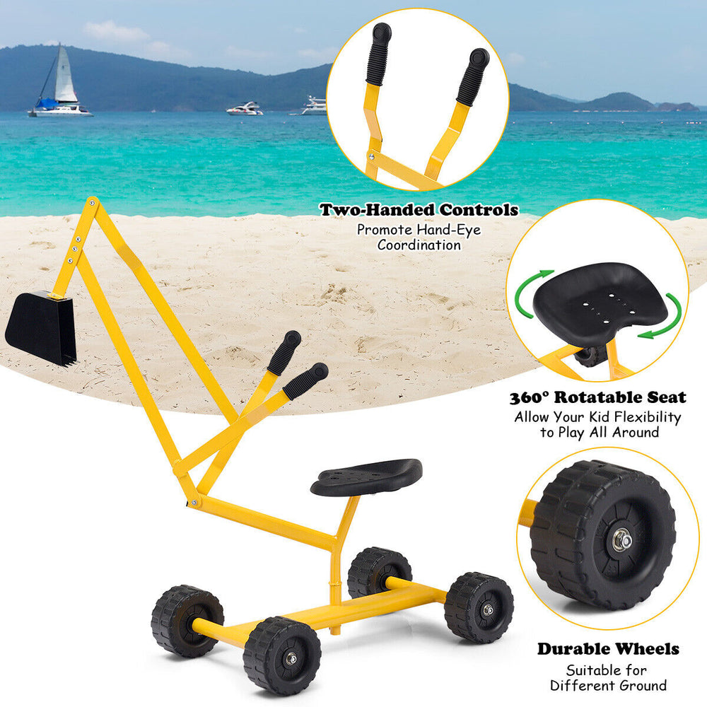 Heavy duty steel frame kid ride-on sand digger with 360° rotatable seat and durable wheels for beach play.