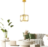 Cube LED pendant light in gold with adjustable suspender, ideal for modern living spaces and energy-efficient lighting.
