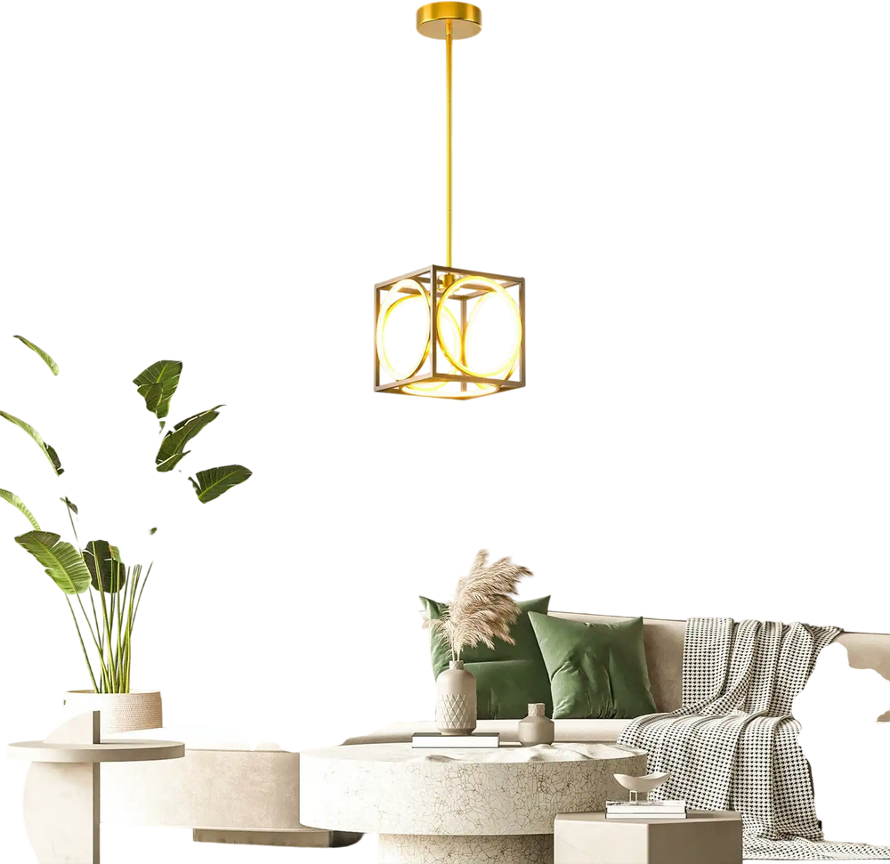 Cube LED pendant light in gold with adjustable suspender, ideal for modern living spaces and energy-efficient lighting.
