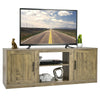 58-inch TV stand in natural finish with adjustable shelves, enclosed cabinets, and space for an electric fireplace.