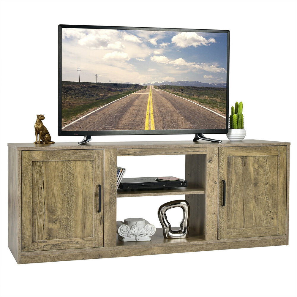 58-inch TV stand in natural finish with adjustable shelves, enclosed cabinets, and space for an electric fireplace.