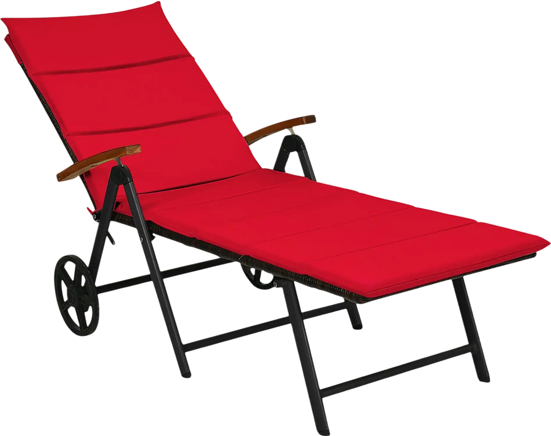 Costway Folding Patio Rattan Lounge Chair with Wheels Red 40523819 New