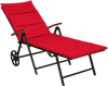 Red folding patio rattan lounge chair with wheels, adjustable backrest, ideal for outdoor relaxation by the pool or.