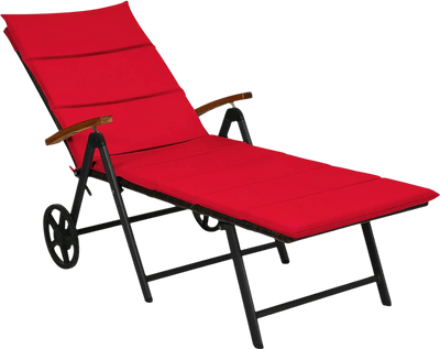 Costway Folding Patio Rattan Lounge Chair with Wheels Red 40523819 New