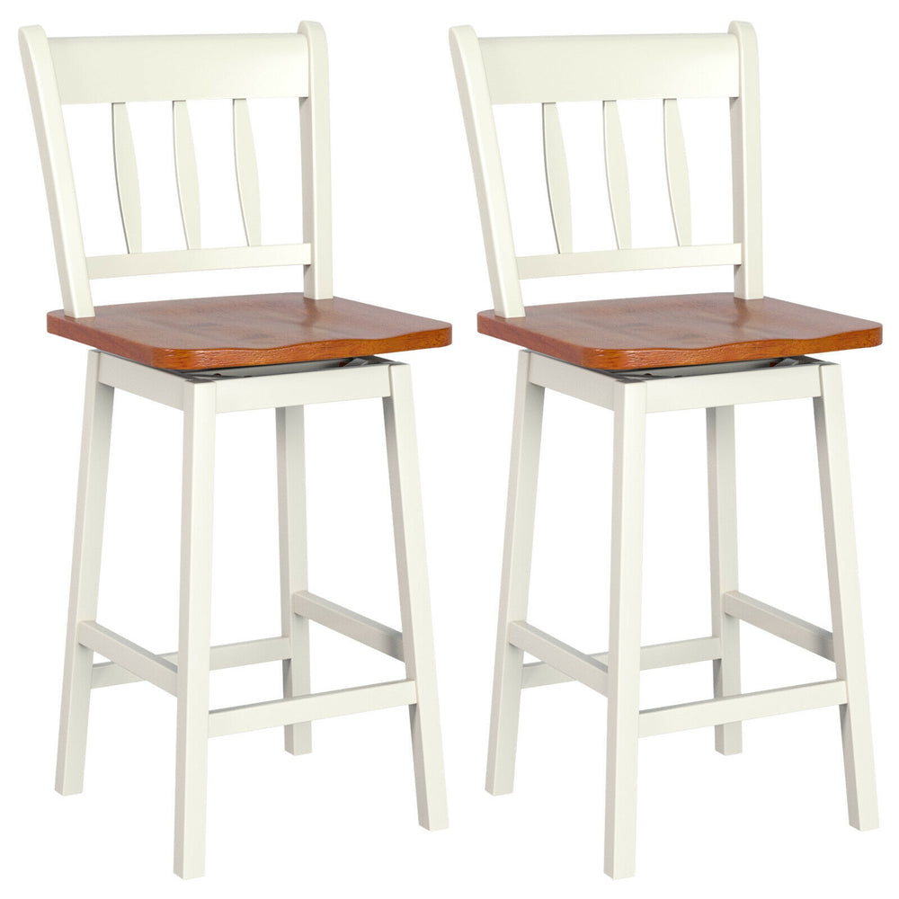 Set of 2 vintage white swivel bar stools with 360° rotation, solid rubberwood frame, ideal for kitchen or dining room.